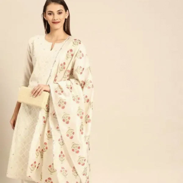 Awesome Women's Beige Embroidered Kurta With Pant & Dupatta Set